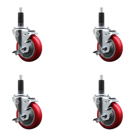 Service Caster 4'' Red Poly Swivel 1'' Expanding Stem Caster Set with Brake, 4PK SCC-EX20S414-PPUB-RED-TLB-1-4